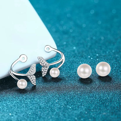 Phoebe Mermaid 2-Way Twin Pearl & Moissanite Stud Earrings — Moisza