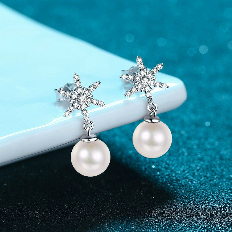 Phoebe Snowflake Pearl & Moissanite Drop Earrings — Moisza