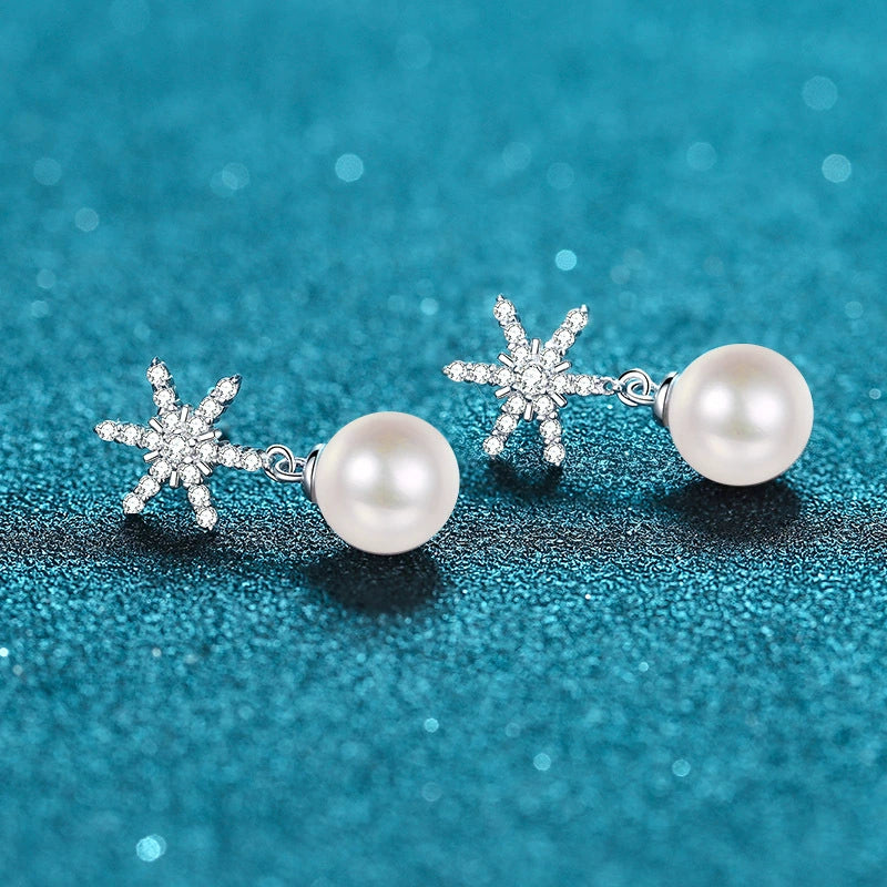 Phoebe Snowflake Pearl & Moissanite Drop Earrings — Moisza