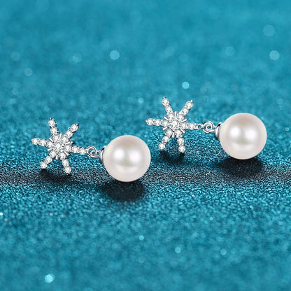 Phoebe Snowflake Pearl & Moissanite Drop Earrings — Moisza