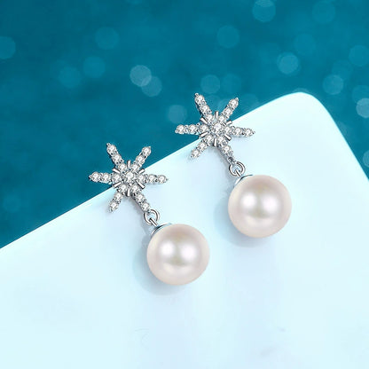 Phoebe Snowflake Pearl & Moissanite Drop Earrings — Moisza