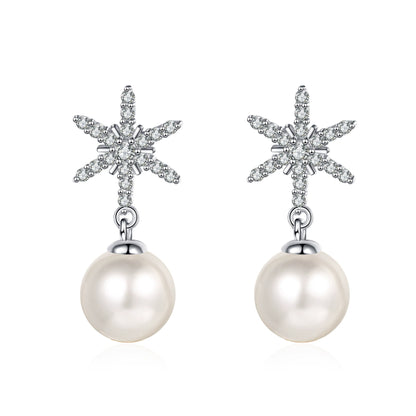 Phoebe Snowflake Pearl & Moissanite Drop Earrings — Moisza