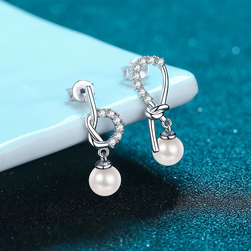 Phoebe Asymmetrical Knot Pearl & Moissanite Drop Earrings — Moisza