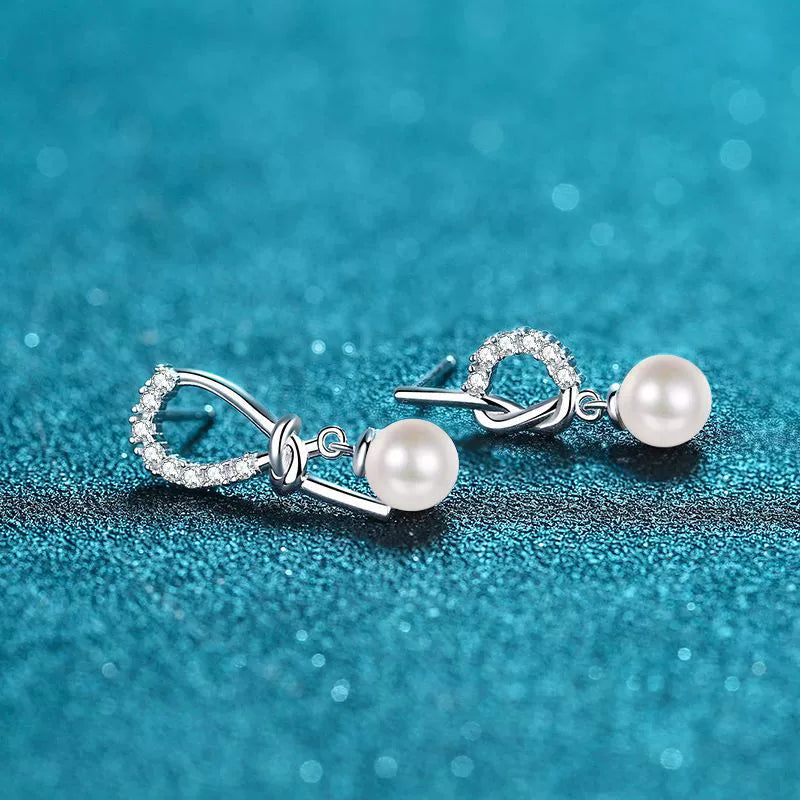 Phoebe Asymmetrical Knot Pearl & Moissanite Drop Earrings — Moisza