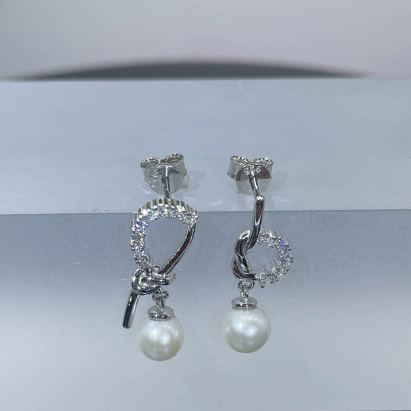 Phoebe Asymmetrical Knot Pearl & Moissanite Drop Earrings — Moisza