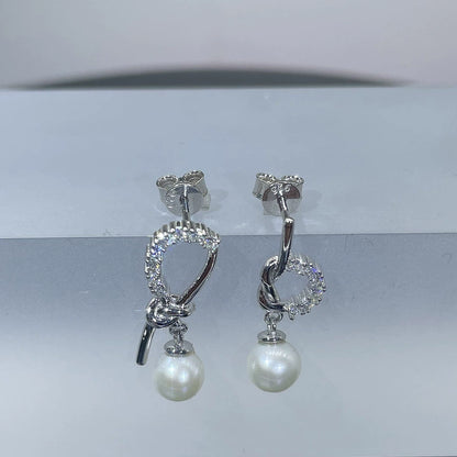 Phoebe Asymmetrical Knot Pearl & Moissanite Drop Earrings — Moisza
