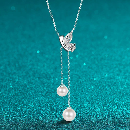 Phoebe Butterfly Lariat 1 Carat Pearl & Moissanite Necklace — Moisza
