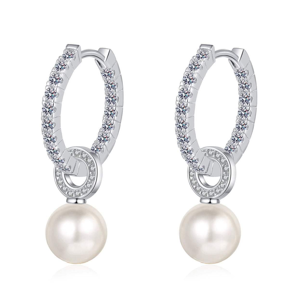 Phoebe Pavé Circle-Drop Pearl & Moissanite Hoop Earrings — Moisza