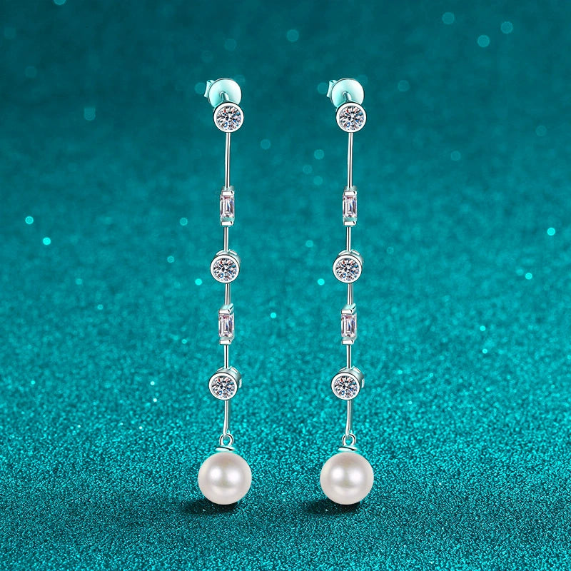 Phoebe Linear 1.8 Carat Pearl & Moissanite Drop Earrings — Moisza