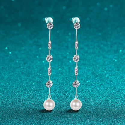 Phoebe Linear 1.8 Carat Pearl & Moissanite Drop Earrings — Moisza
