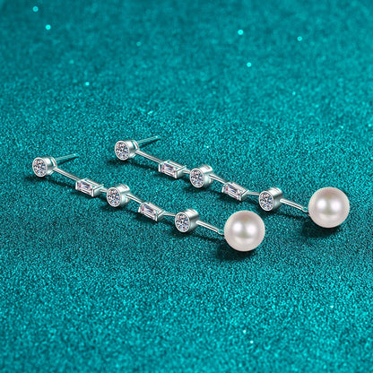 Phoebe Linear 1.8 Carat Pearl & Moissanite Drop Earrings — Moisza