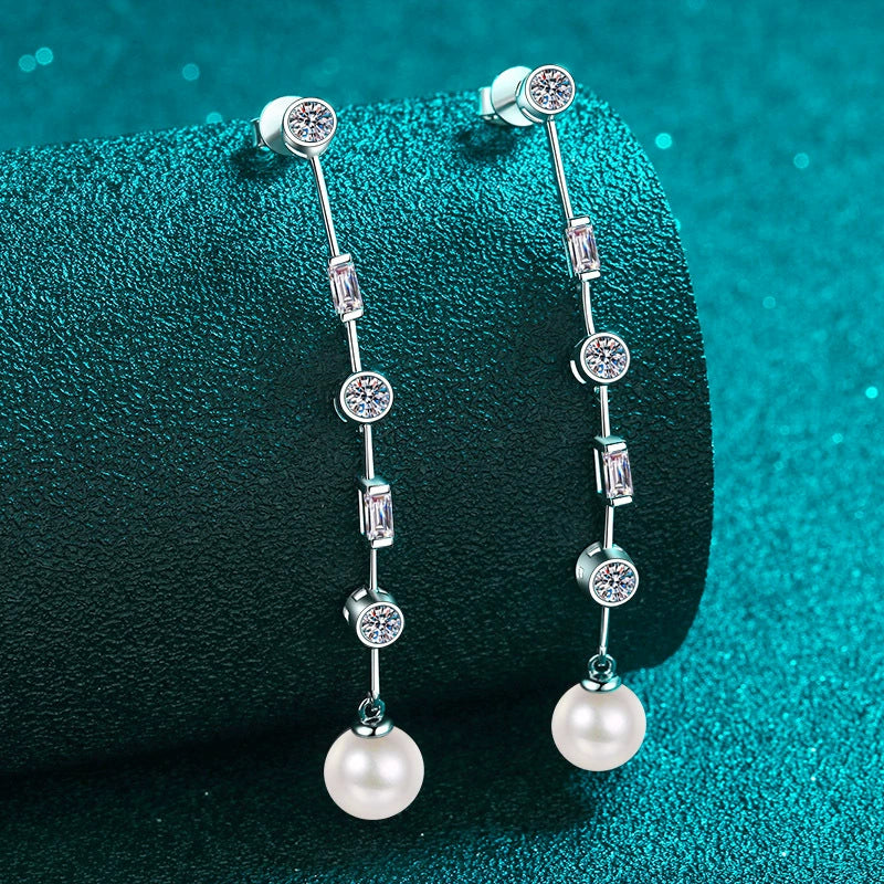 Phoebe Linear 1.8 Carat Pearl & Moissanite Drop Earrings — Moisza