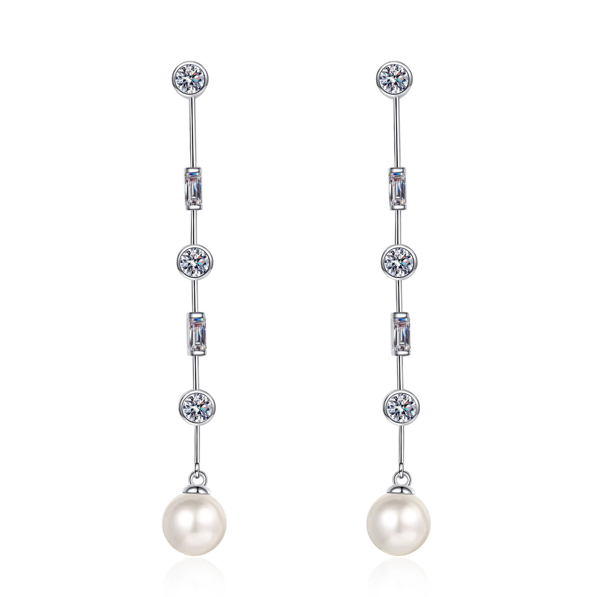 Phoebe Linear 1.8 Carat Pearl & Moissanite Drop Earrings — Moisza