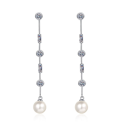 Phoebe Linear 1.8 Carat Pearl & Moissanite Drop Earrings — Moisza