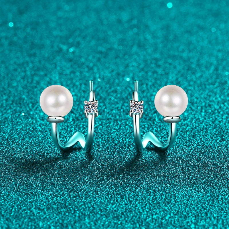 Phoebe Curved Pearl & Moissanite Stud Earrings — Moisza