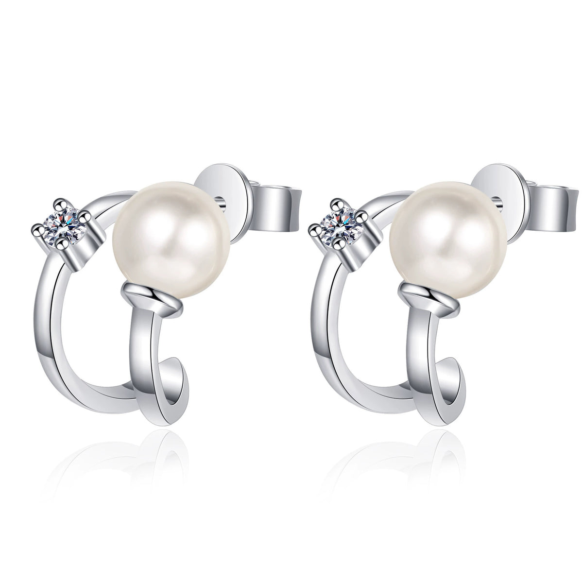 Phoebe Curved Pearl & Moissanite Stud Earrings — Moisza
