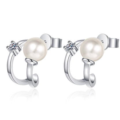 Phoebe Curved Pearl & Moissanite Stud Earrings — Moisza