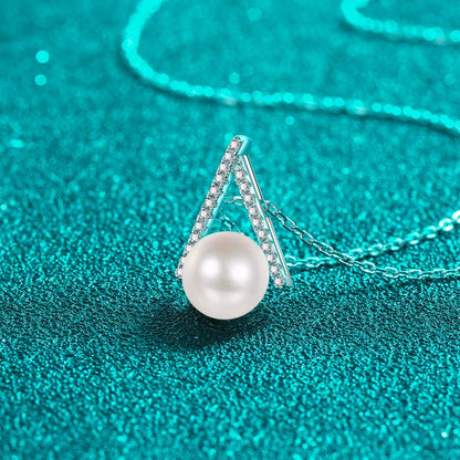 Phoebe Geometric V Pearl & Moissanite Necklace — Moisza