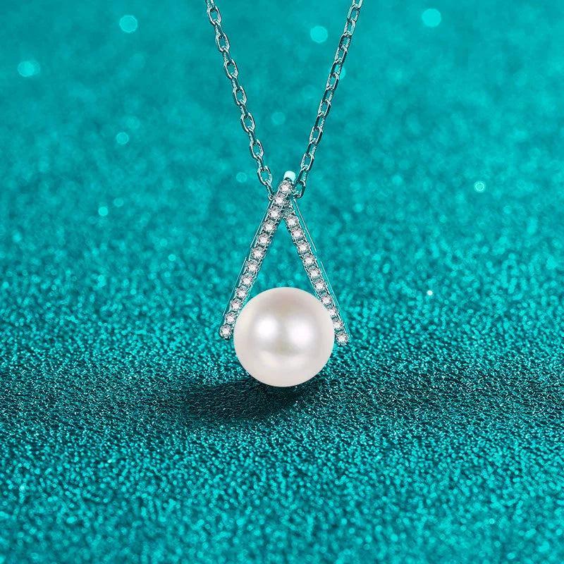 Phoebe Geometric V Pearl & Moissanite Necklace — Moisza