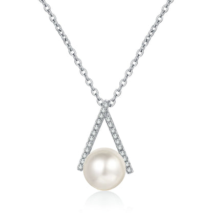 Phoebe Geometric V Pearl & Moissanite Necklace — Moisza