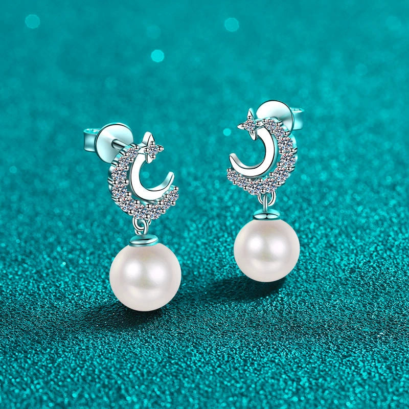 Phoebe Crescent Moon Pearl & Moissanite Drop Earrings — Moisza