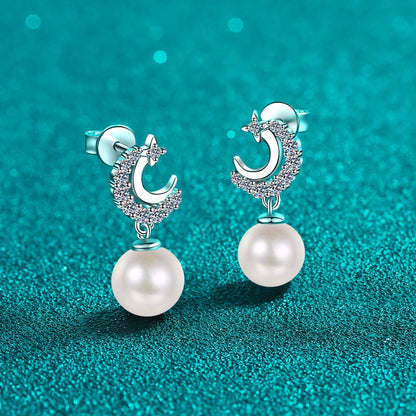 Phoebe Crescent Moon Pearl & Moissanite Drop Earrings — Moisza