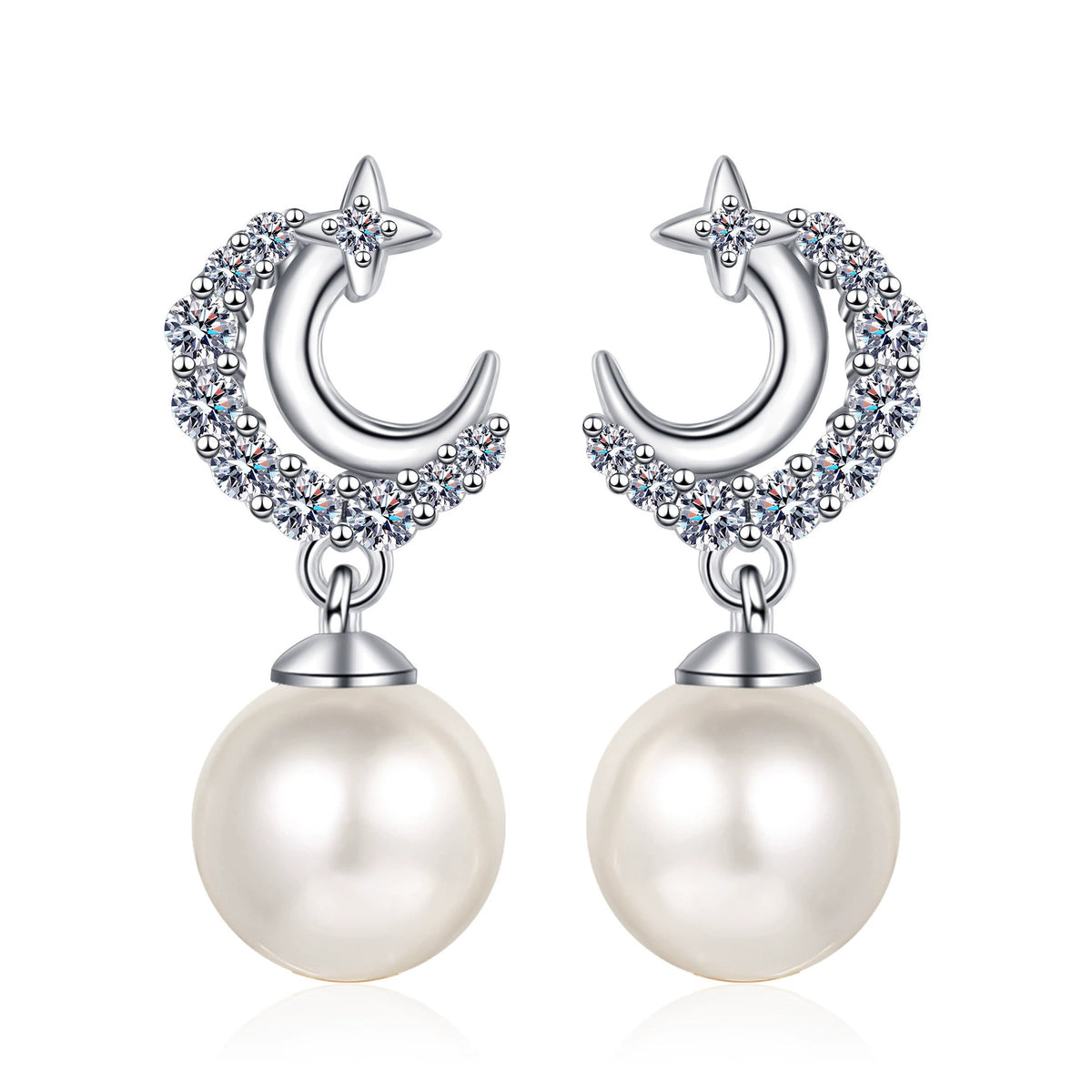 Phoebe Crescent Moon Pearl & Moissanite Drop Earrings — Moisza