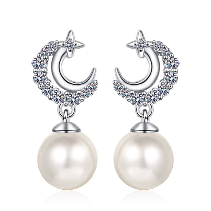 Phoebe Crescent Moon Pearl & Moissanite Drop Earrings — Moisza