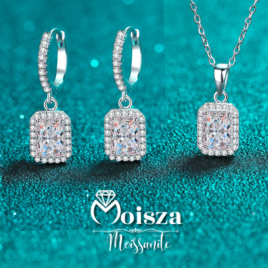 Emerald/Radiant Cut Halo 1 Carat Moissanite 3-Piece S925 Jewelry Set (Drop Earrings and Necklace)
