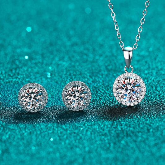 Round Cut Halo 0.5 / 1 Carat Moissanite 3-Piece S925 Jewelry Set (Stud Earrings and Necklace)