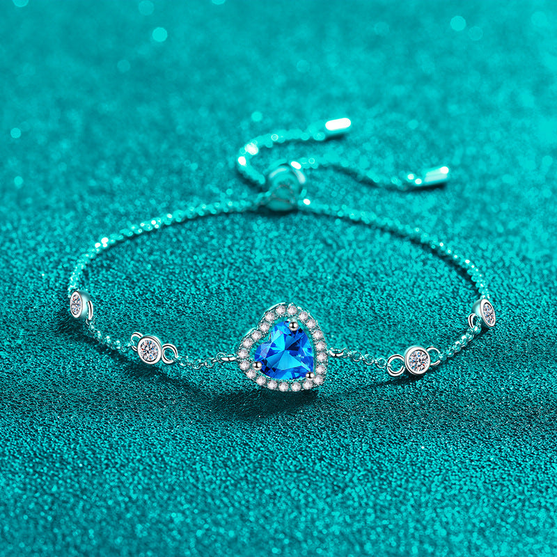 Venus Blue/White Halo Heart-Shaped 1 Carat Moissanite Bracelet — Moisza