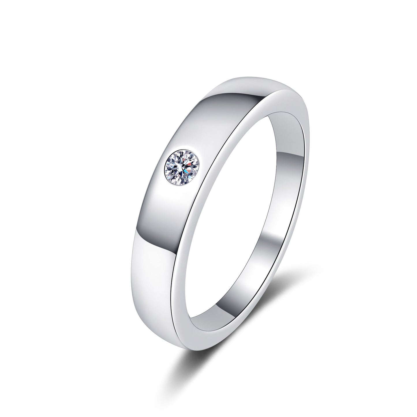 Unisex-Band mit 0,1 Karat Moissanit-Diamant, platiniert, S925, als Trauring oder passender Ehering 