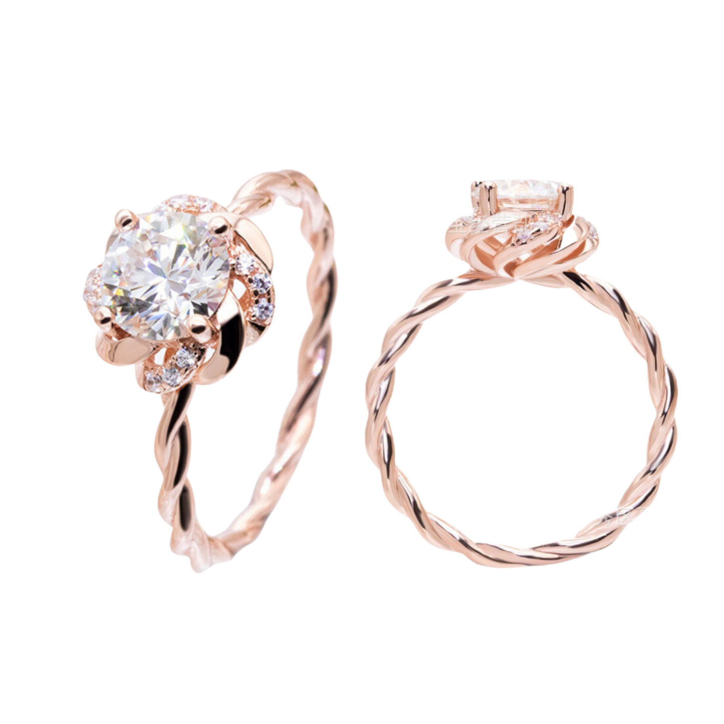 Roségold-Blumenfassung, gedrehter Schaft, runder Schliff-Solitär-1-Karat-Moissanit-Diamant-S925-Verlobungsring 