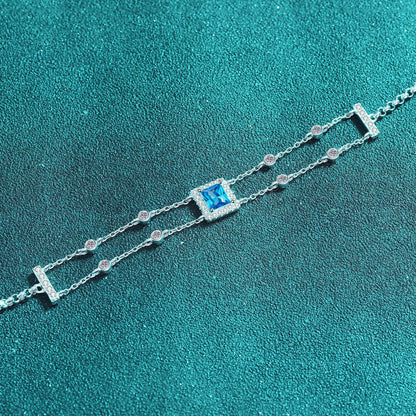 Blue/White Princess Cut Halo 1 Carat Moissanite Diamond S925 Bracelet