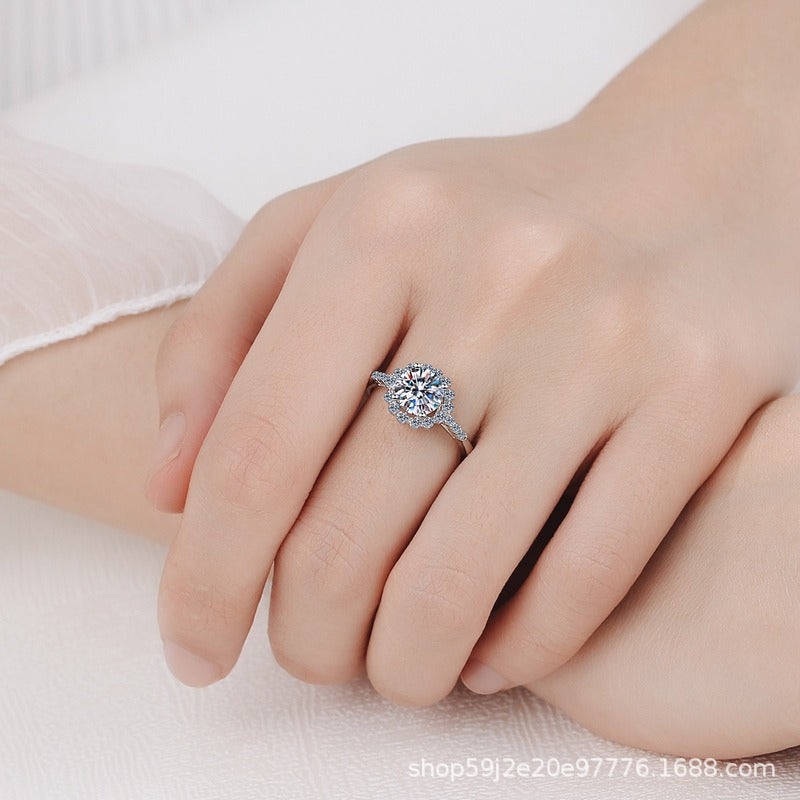 Floral 4 Claws Pave Halo  1 Carat Moissanite Diamond S925 Engagement Ring