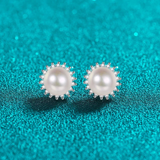 Luminous Freshwater Pearl Moissanite Stud Earrings – S925 Sterling Silver