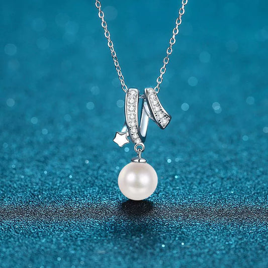 Aurora Star Pearl Drop Necklace - Moissanite Accent in Sterling Silver