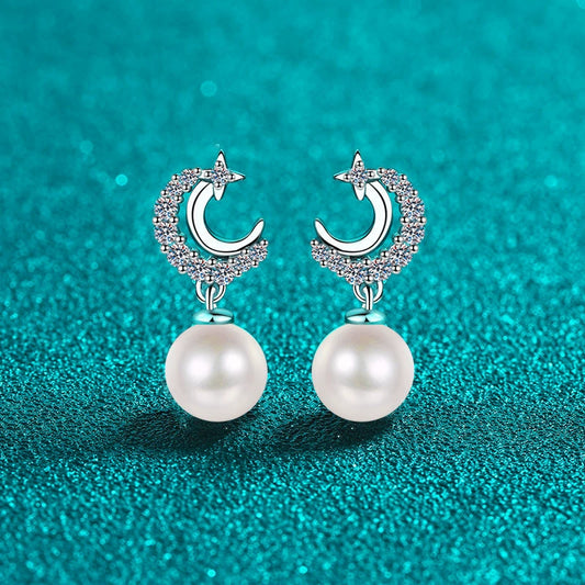 Crescent Moon Pearl Moissanite Stud Drop Earrings – S925 Sterling Silver