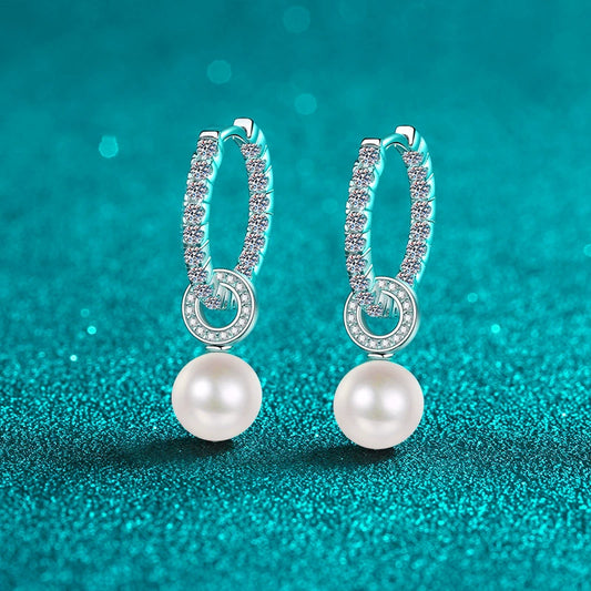Pavé Hoop Freshwater Pearl Moissanite Drop Earrings – S925 Sterling Silver