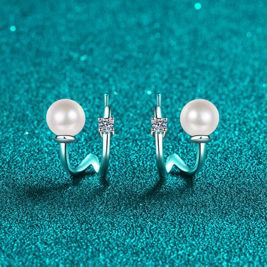 Huggy Hoop Freshwater Pearl Moissanite Stud Earrings – S925 Sterling Silver
