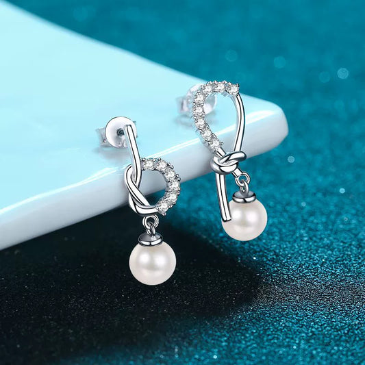 Asymmetrical Knot Curve Pearl Moissanite Drop Earrings – S925 Sterling Silver