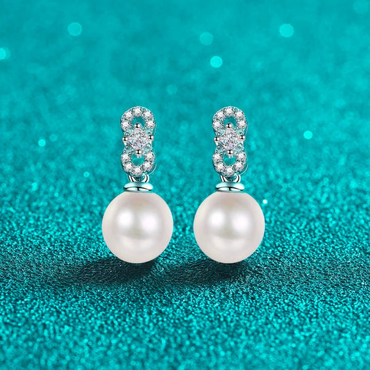Infinity Freshwater Pearl Moissanite Stud Earrings – S925 Sterling Silver