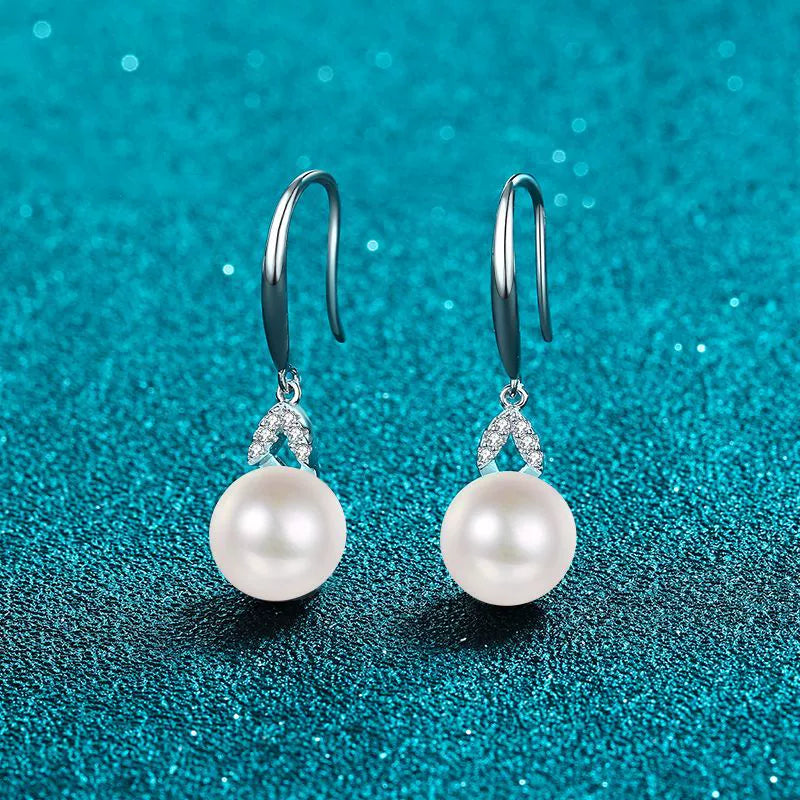 Leaf Hook Freshwater Pearl Moissanite Drop Earrings  – S925 Sterling Silver