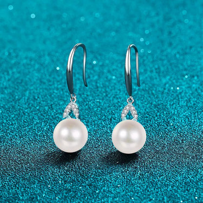 Leaf Hook Freshwater Pearl Moissanite Drop Earrings  – S925 Sterling Silver