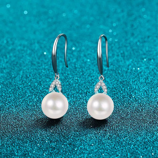 Leaf Hook Freshwater Pearl Moissanite Drop Earrings  – S925 Sterling Silver