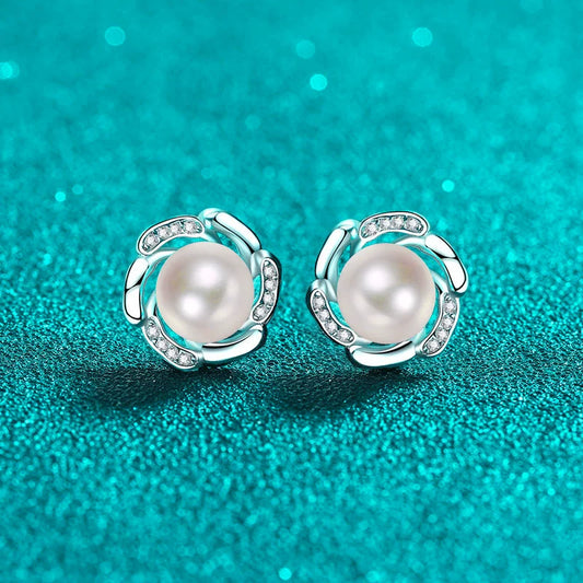 Flowing Swirl Freshwater Pearl Moissanite Stud Earrings – S925 Sterling Silver