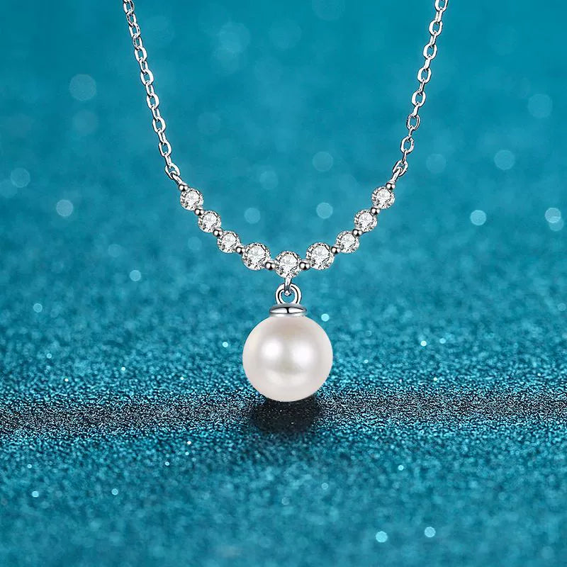 Curved Bar Pearl Necklace - Moissanite Accent in Sterling Silver