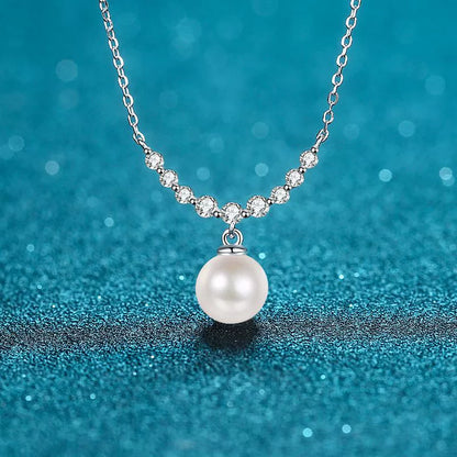 Curved Bar Pearl Necklace - Moissanite Accent in Sterling Silver