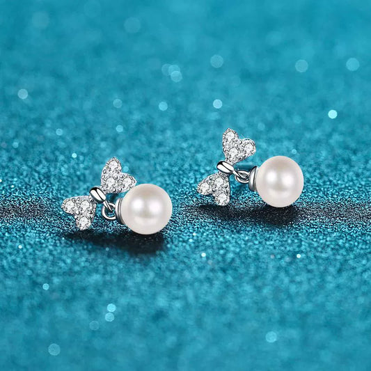 Sparkling Bow Freshwater Pearl Moissanite Stud Earrings – S925 Sterling Silver
