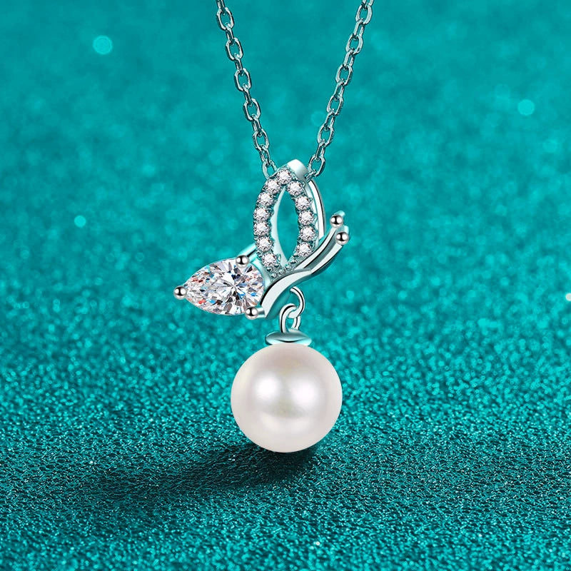 Butterfly Pearl Necklace Moissanite Accent S925 Sterling Silver Pendant
